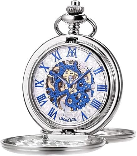 ManChDa Taschenuhr für Herren Retro-Zifferblatt Taschenuhren mit Kette Mechanisches Handaufzugswerk Gravierte Steampunk Vintage Römische Ziffern Halbjäger Handaufzüg Herren Taschenuhren Silber