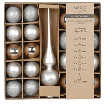 Weihnachtskugeln Glas Mix 5-6cm mit Christbaumspitze 19er Set Christbaumkugeln Frosty Silver Silber