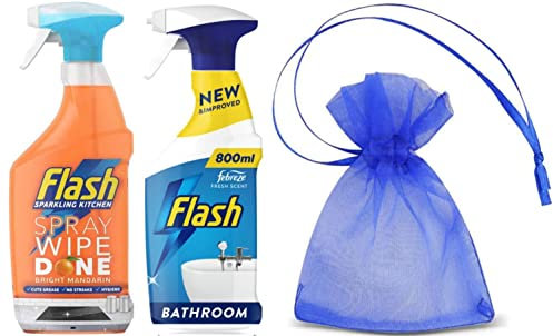 Flash Sparkling Kitchen, Spray Wipe Done, 1Pk x 800ml, Bright Mandarin Scent + Flash Bathroom Cleaning Spray, with Febreze Fresh Scent, 1Pk x 800ml + Our Gift for You: Organza Bag Size: 9x7x0.1cm