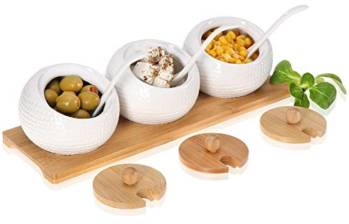 Robin Goods® Ensemble de 10 Bols en Porcelaine avec cuillère et Couvercle en Bambou - Distributeur de Confiture sur Un Plateau de Service pour Le Buffet du Petit-déjeuner (10 pièces - Blanc Marron)