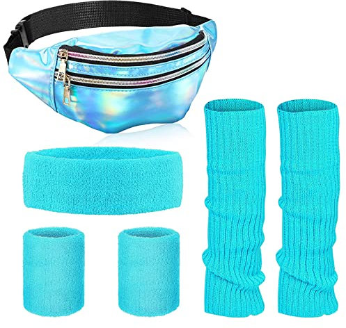 80er Jahre Outfit Damen Mottoparty Accessoires,80er Jahre Kleidung Damen Sportlicher Stil Set,enthalten Bauchtasche, Legwärmer Strümpfe,Schweißbänder Set und Haarring,für Die Meisten Frauen(Blau)