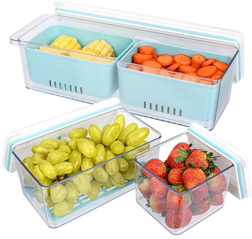 BELLE VOUS 3 Pack of Stackable Produce Saver Fridge Storage Containers with Drain Baskets - Reusable Plastic Food Organisers with Lids for Fresh Vegetables/Fruit - Dishwasher/Microwave Safe