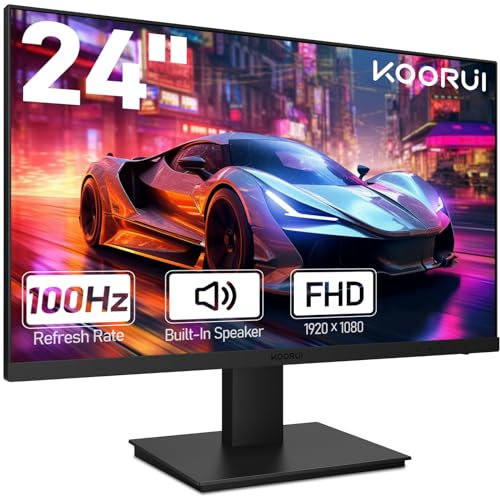 KOORUI Gaming Monitor 24 Pollici, Altoparlanti Incorporati, FHD 1920x1080p, 100Hz, HDMI, VGA, Montabile VESA 75x75 mm, Adaptive Sync, Cura Degli Occhi e Pannelli ultra Sottili, Nero