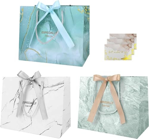 Mifferer Geschenktüten, Geburtstag Papiertüten mit Schleife, 3 Stück Geschenktaschen mit Henkel, Partytüten Geschenk Tüten mit 3 Grußkarten für Hochzeit Feier Party Weihnachten