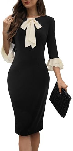 HOMEYEE Damen Rundhals 3/4 Ärmel Volantärmel Abendkleid Bleistiftkleid Retro Bodycon Midi Cocktail Etuikleid B800 (M, Schwarz)