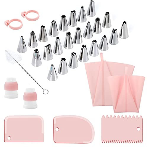 Pure Vie 34 PCS Sac a Poche, Professionali Riutilizzabile Beccucci Silicone Sac à Poche con Spazzola per la Pulizia, Accessori da Forno Strumenti DIY per Decorare Torte Biscotti Cupcake