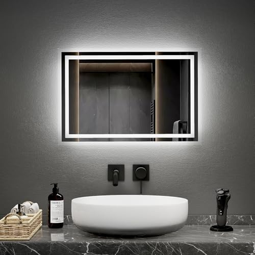 EMKE Badspiegel mit Beleuchtung 40x60cm, Badezimmerspiegel mit Kippschalter+Beschlagfrei+2 Lichtfarbe Warmweiß/Kaltweiß, Horizontal/Vertikal LED Badspiegel
