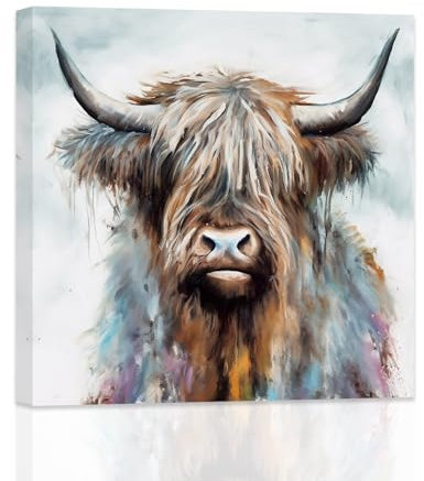 ZXHYWYM Highland Cattle Wanddekoration Graffiti Kuh Bilder abstraktes Tier Leinwandgemälde Bauernhaus Kuh Wanddrucke für Badezimmer Heimdekoration mit Rahmen (D (30.00 x 30.00 cms))