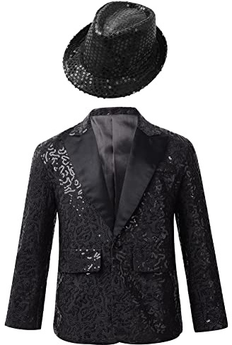 Kinder Junge Pailletten Sakko Langarm Blazer Jacke Anzugjacke Mit Hut | Slim Fit, Glitzer, Party, Reverskragen, Ein Knopf,disco, Festival, Bühnenauftritt, Performance,Jazz Dance