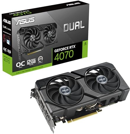 ASUS Dual GeForce RTX™ 4070 EVO OC Edition 12 GB GDDR6X ist für breite Kompatibilität ausgelegt, mit einem 2,5-Slot-Design, Axial-Tech-Lüfter-Design, 0dB-Technologie, Auto-Extreme-Technologie und mehr