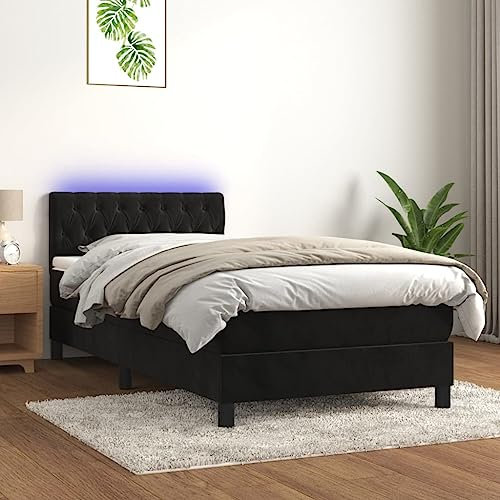 Festnight Bettgestell Samt Boxspringbett 90x200 mit Matratze LED Polsterbett Einzelbett Bettrahmen Bett Boxspringbetten mit Verstellbar Kopfteil Bettgestell Samt mit Lattenroste Schwarz