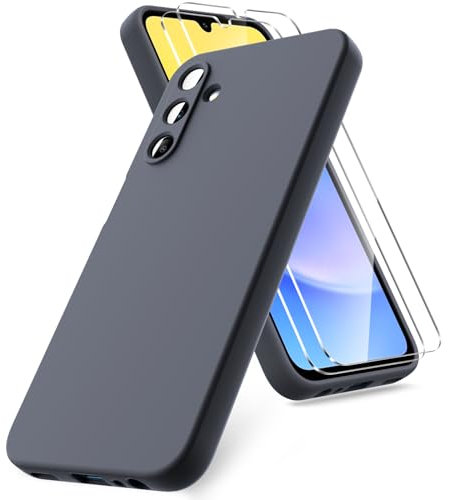 Vansdon Funda Compatible con Samsung Galaxy A15 4G/5G, 2 Unidades Protector Pantalla Cristal Templado, Silicona Líquida Gel Ultra Suave Funda- Gris Oscuro