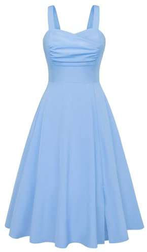 Damen Vintage Sommerkleid Midi Spaghetti Partykleid A-Linie Blumenkleid Freizeitkleid mit Schlitz Blau L