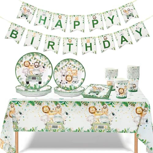 Juego de Vajilla Animal Jungle Safari, 98pcs Decoración Fiesta Cumpleaños Niños con Platos de Papel Desechables Servilletas Vasos Mantel Banner, Vajilla Baby Shower Animal Verde(24 Invitados)