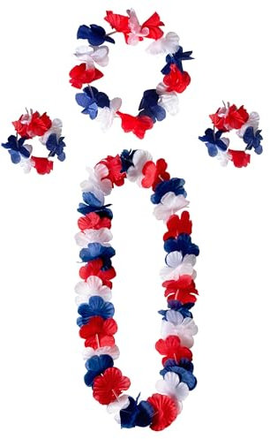 duoyif Hawaiiketten Hawaii Blumen Kette Blumenketten Hawaiian Kette Haarband Armbänder Hula Lei Hawaiiketten Blumenkette Für Cheerleading Fußball Jubelnde Sportspiele Strandpartys (P blau weiß rot)