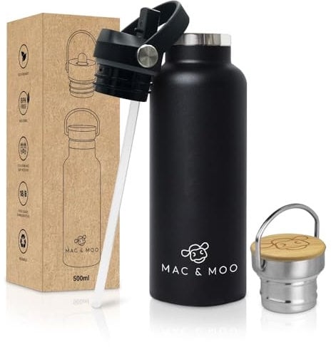 Mac & Moo Insulated Sports Water Bottle, 500ml Triple-Insulated Stainless Steel Water Bottle BPA-Free, Cold and Hot Features - Reusable, Sustainable, Ideal for Hiking Biking - Black