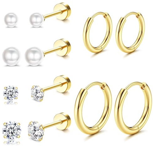 Dochais 6 Paar Ohrstecker Gold Set 14K Vergoldete Ohrstecker Ohrstecker Klein Ohrringe Gold Creolen Hypoallergene Ohrstecker Zirkonia Perle Schlafen Knorpel Ohrstecker Ohrringe für Damen Herren
