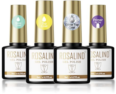 ROSALIND Base Coat Top Coat Gel UV Und Glitzer Glänzend Top Coat Primer für Gelnägel, Unterlack & Überlack für Nägel UV Nagellack Soak Off UV/LED für Gel Maniküre, 4 * 8ml