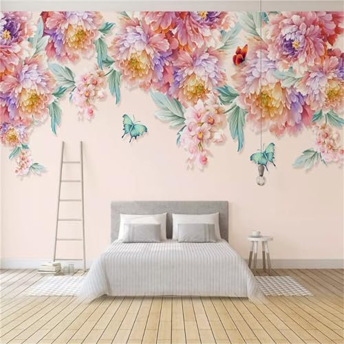 Papier Peint Panoramique Papillon fleur de pivoine Papier Peint Intissé Sans Raccord Poster Geant Mural 350 x 256 cm pour Salon Chambre d'enfants restaurant Décoration Murale