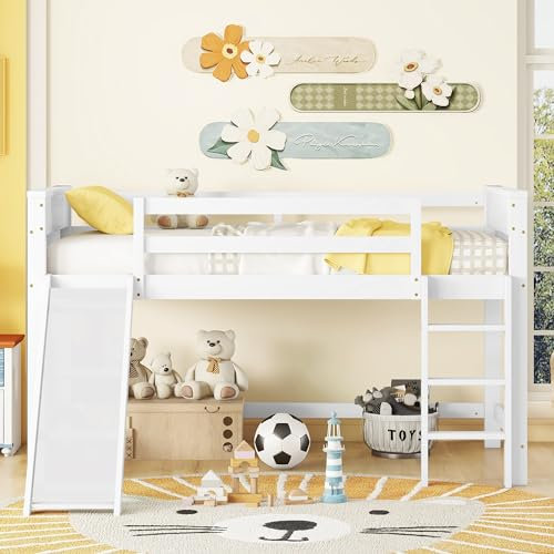 Kinderbett Etagenbett 90x200, Einzelbett Hochbett mit Leiter und Rutsche, Funktionsbett Stockbett Spielbett Kinderhochbett Jugendhochbett Holzbett mit Rausfallschutz und Lattenrost,Weiß,Ohne Matratze