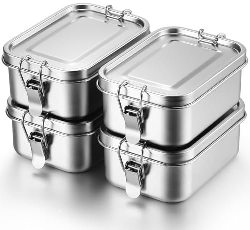 WBRSybUK 4 Stück Bento-Boxen Aus Edelstahl, Lunchboxen, Frischhaltebehälter, Lunchbehälter Aus Metall, Verschließbare Clips Zum Auslaufen, Wiederverwendbare, Spülmaschinenfeste Lunch-Snack-Boxen,XL