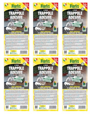Flortis Trappola adesiva Flow Pack cattura topi insetti. 6 pack con 12 tavolette di colla ecologica ultra adesive doppio uso. No veleno. Pronto uso. Ideale per topi, scorpioni. Uso interno.