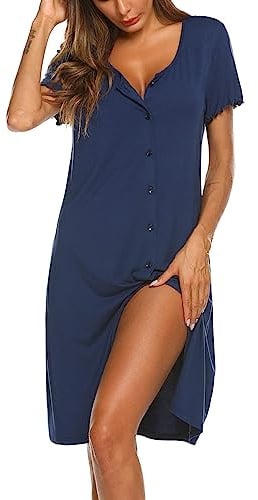 Ekouaer Women's Nightdresses Nightshirts Ladies Nighties Button Front Summer Nightwear Short Sleeve, Navy Blue XS