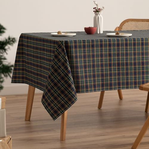 GAMUSI Tischdecke, rechteckig, Weihnachten, Stoff, Karomuster, Blau, Faden, Gold, Esstisch, Weihnachtsdekoration, 140 x 100 cm, Blau