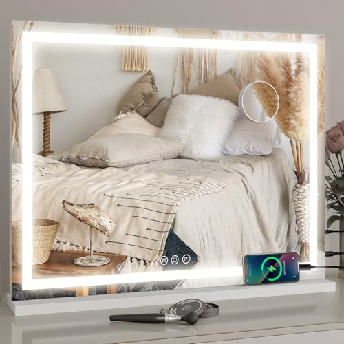 YOURLITE Miroir de Maquillage Hollywood Lumineux 70x57cm, Coiffeuse LED Dimmable 3 Couleurs, Grossissant 10x, Interrupteur Tactile, Port USB, Blanc