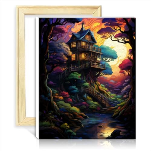 TANGFEIY Malen-nach-Zahlen-Set, Baumhaus im Wald, Malen nach Zahlen für Erwachsene mit Pinseln und Acrylfarbe, Haus, Art-Deco-Bastelrahmen zum Selbermachen (30 x 40 cm)