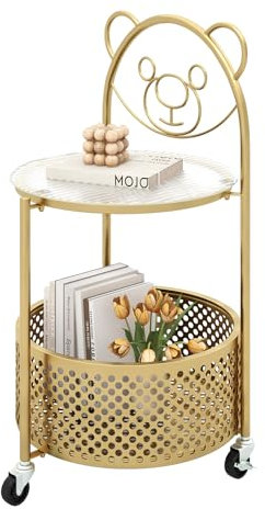 COSTWAY Beistelltisch Glas mit Rollen, 2-stufiger Glastisch rund mit Bärenmuster, Nachttisch mit Ablagekorb, Couchtisch Kaffeetisch modern für Wohnzimmer, Schlafzimmer, 40 x 36,5 x 71 cm (Gold)