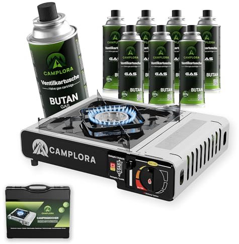 CAMPLORA Hornillo de gas + 8 cartuchos de gas + maletín de transporte con encendido piezoeléctrico – Hornillo de camping 2,2 kW – Incluye apagado de seguridad – Hornillo de gas Camping Camping Cocina