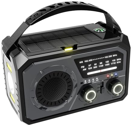 IOIUSKKU Radio de Emergencia portátil con Linterna LED, Banco de energía ABS BT, Linterna LED, manivela de Mano, Radio portátil Am, Gris Oscuro
