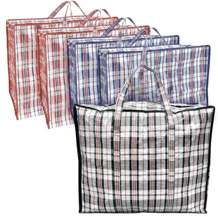ANSIO Large Laundry Bags Pack of 5 Storage Bags Reusable Laundry Bags with Zips Ideal for Moving House Clothing & Wardrobe Storage (60L x 25W x 50H cm) Assorted Colors