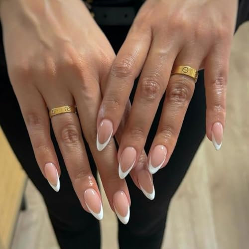 KQueenest 30 Pcs White French Tip Press on Nails Short Medium Almond, French Tip False Nails Short Stiletto, Thick Acrylic Fake Nails Set Natural Nude Gel Stick on Nail for Women Daily Wedding Wear