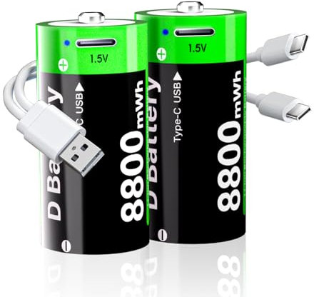 Lot de 2 batteries D rechargeables, 8800 mWh haute capacité au lithium D, avec câble de charge USB-C 2 en 1, LR20 1,5 V, taille D, pour lampe de poche, appareil photo, projecteur