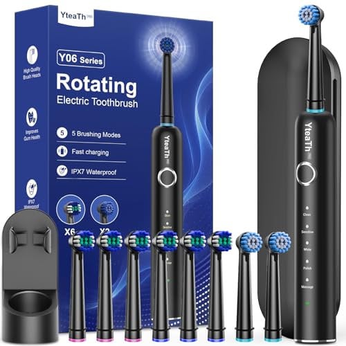 Brosse À Dent Électrique Rotatives pour Adultes - Brosses À Dents Rotatives avec 8 Têtes de Brosse, Brosse A Dent Electrique de Voyage, Noir Mat, Cepillo de Dientes