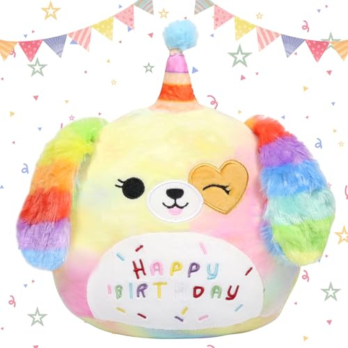 Happy Birthday Plüschtier, 25cm Hund Kuscheltier, Regenbogen Plüschkissen | Hund Kuscheltier Stofftier Geburtstags Geschenk für Mädchen, Cartoon Plüsch Spielzeug, Kawaii Plüsch Puppe Kinder Erwachsene