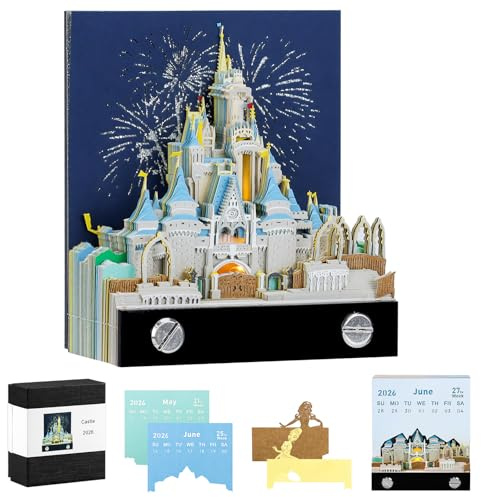 Aischens 3D Kalender Abreißen 2026, 3D Tischkalender mit LED-Lichtern, 3D-Kalender 2026, Papierschnitzerei Castle, Kreative 3D Notizblock, DIY-Dekoration als Geschenk zu Weihnachten und Silvester