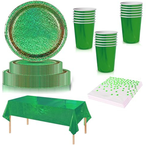 65 Pièces Party Vaisselle Kit pour 16 Invités, Vaisselles Jetables Vert avec Assiettes Gobelets Serviettes en Papier Plastique Nappe pour Anniversaire de Fille Noël,Mariages,Barbecues,Pique-niques