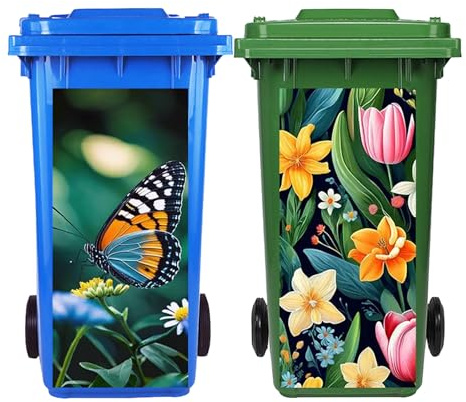Wheelie Bin Stickers - 2PCS 31 X 70CM Waterproof Dustbin Stickers, Butterfly and Flowers Sticky Dustbin Sticker, Self Adhesive Bin Stickers Decorative Decals for Bins Fridge Wall Outdoor Indoor Decor