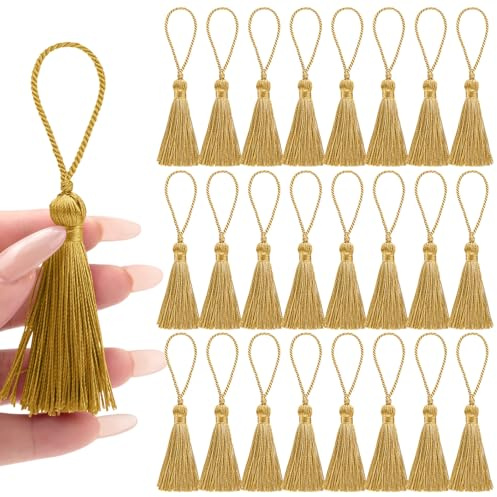 NACHLYNN 24 Stück 11CM handgefertigte Seidenquasten zum Basteln mit 5CM Schlaufen 6CM Quasten für Schlüsselanhänger DIY Schmuck Lesezeichen Ohrringe Bastelzubehör Anhänger(Gold)
