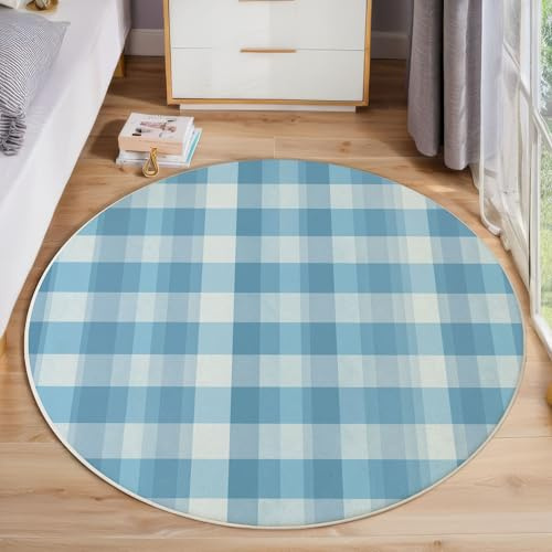 JEDTAKCT Country Plaid Teppich, Waschbar 200 cm Runder Teppich Für Schlafzimmer, Vintage Buffalo Plaid Kinderteppich, Rutschfester Kreis Weicher Blau Weiß Für Schlafsaal Kinderzimmer Sofa