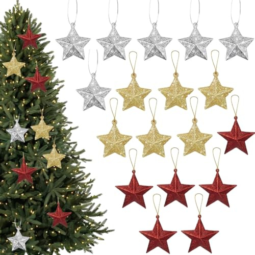 YOFDAL 18 Stück Sterne Weihnachtsbaum,Glitzer Weihnachtsbaumschmuck,Weihnachtsdeko Sterne,Glitzer Christbaumanhänger,Christbaumschmuck,Tannenbaum Schmuck,Weihnachtsparty Deko(Rot + Gold + Silber)