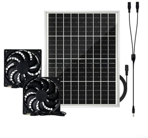 QOXEZY Panel solar de 15 W para ventilación con ventilador de escape, fácil de instalar y transportar, para casas de pájaros, perreras e invernaderos (ventilador dual)