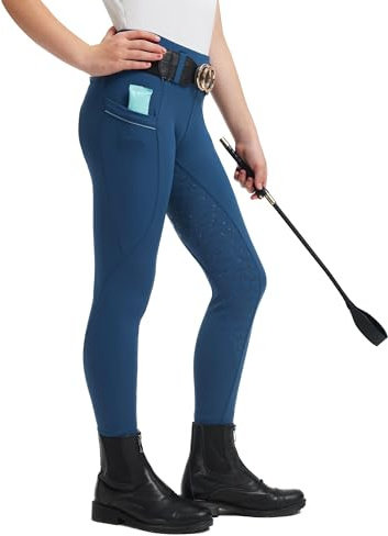 FitsT4 Sports Pantaloni da equitazione per ragazze Pantaloni da equitazione in silicone per ragazze Pantaloni da equitazione elasticizzati per bambini Pantaloni da equitazione con tasche, Blu, S