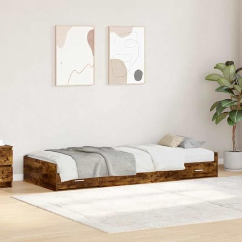 QJBSAVVA Einzelbett 90x200 cm Geräucherte Eiche Massivholz-Einsätze mit Schublade Modernes Bettgestell für Jugendzimmer Gästezimmer Schlafzimmer