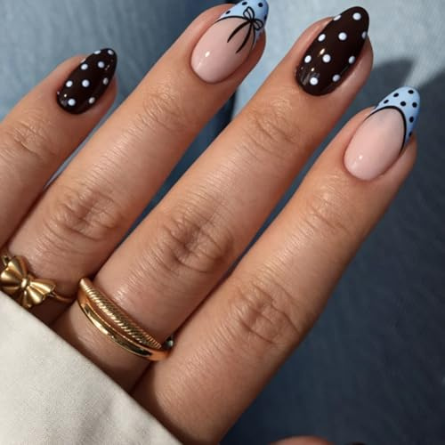 24PCS Brown & Blue Press On Nails, Almond Polka Dot French Tips, Glossy | Bow accents, retro minimal nail art, for daily wear, dates, parties, celebrations and special occasions