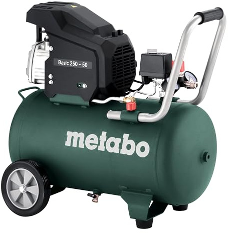 metabo Basic 250-50 Kompressor, 50l Kessel, 8bar Ölgeschmiert, 220 l/min | Mobiler Kolbenkompressor, 1.5 kW Werkstattkompressor mit 110 l/min Füllleistung, inkl. Schnellkupplung & Manometer
