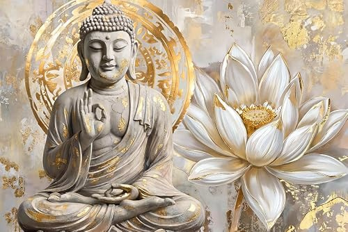 Grauer Gold Buddha Leinwand Bilder Mit Rahmen Beigefarbene Lotusblüten Bild Abstrakte Buddhistische Verehrung Wandbilder Leinwand Malerei Wohnzimmer Schlafzimmer Meditationsraum Wanddeko 40x60cm